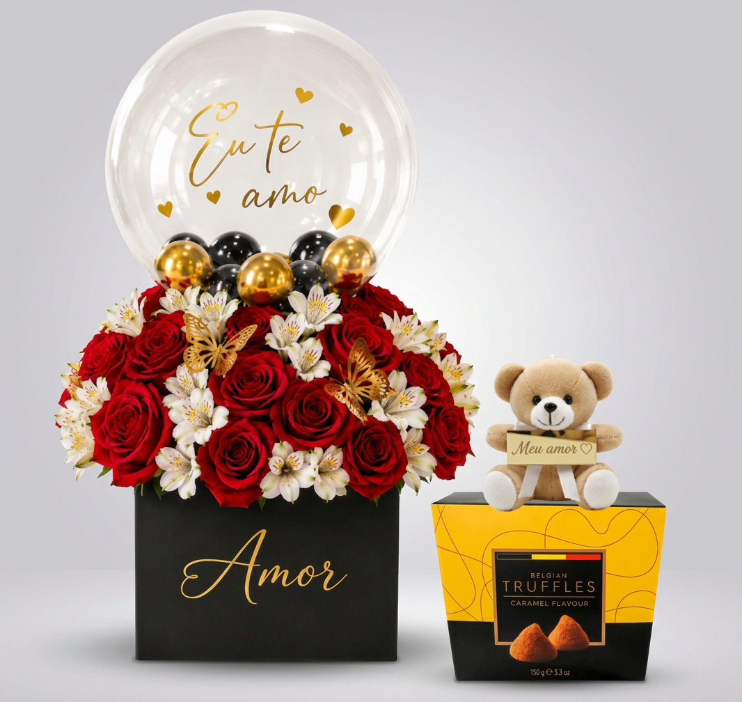 Kit Arranjo Amor Eterno Vermelho + Trufas Belgas + Ursinho Pitico Meu amor