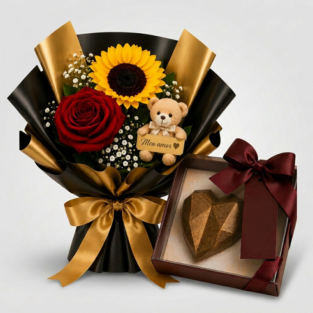 Kit Duo De Rosa Vermelha E Girassol Com Ursinho + Chocolate Coração Lapidado
