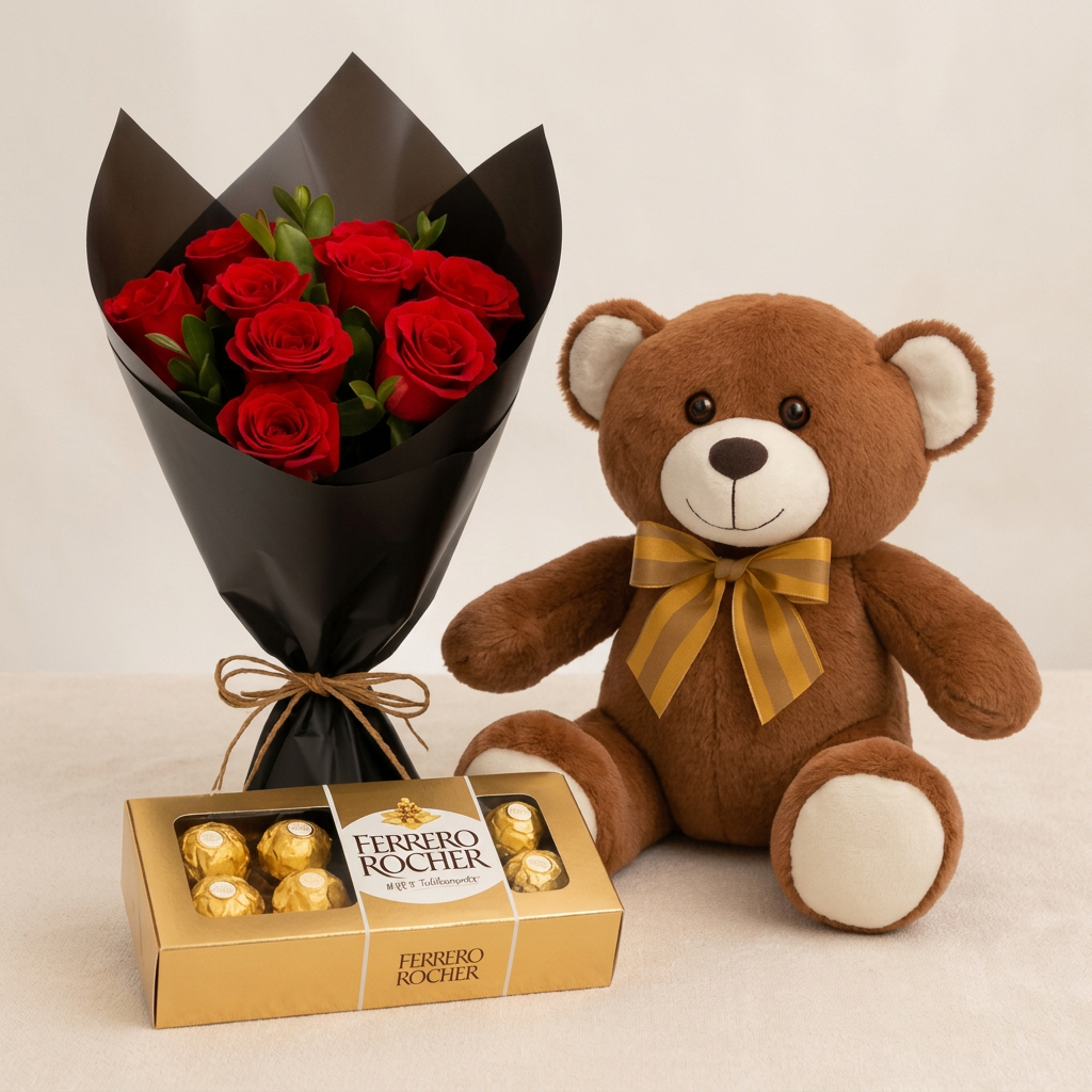 Buquê Com 10 Rosas Vermelhas, Ferrero Rocher E Urso De Pelúcia
